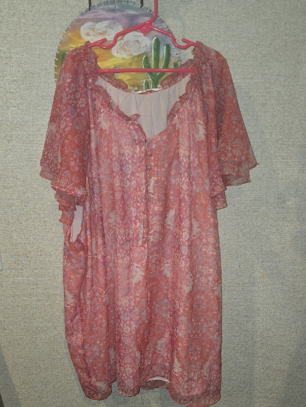 Philosophy Coral-Pink Floral Sheer Ruffled Button Blouse